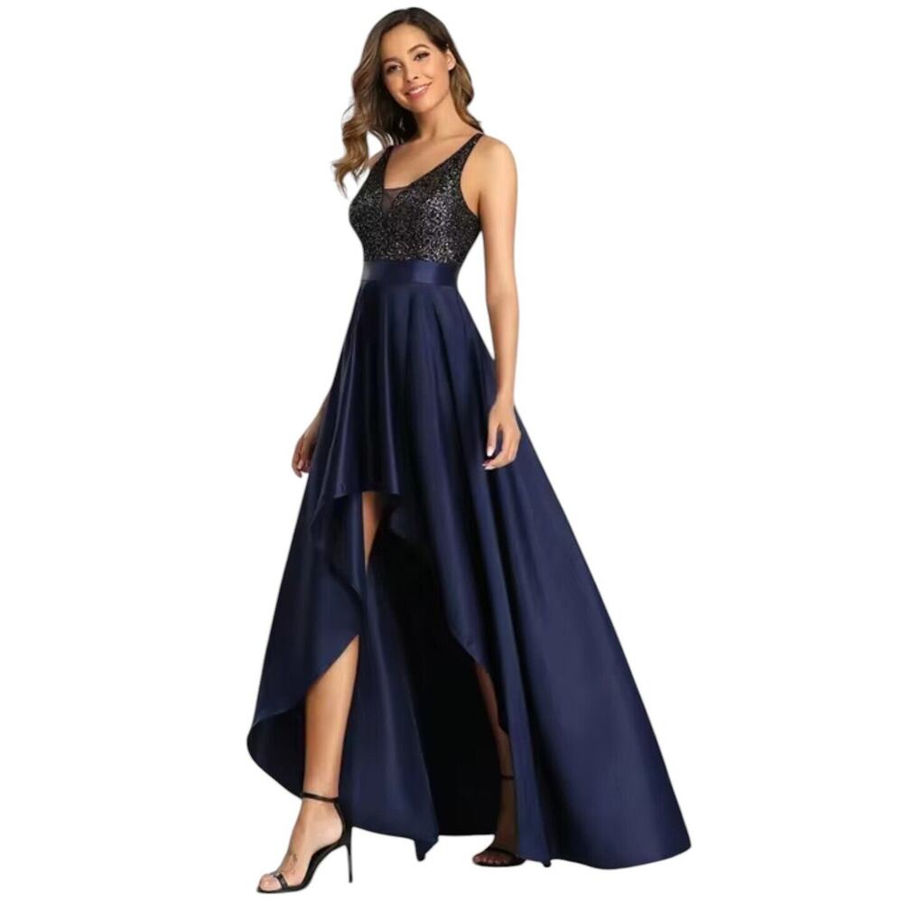 Elegant Formal Dress Sz 8 Navy Blue Gold Sequins Top Spaghetti Straps HI-LO Prom